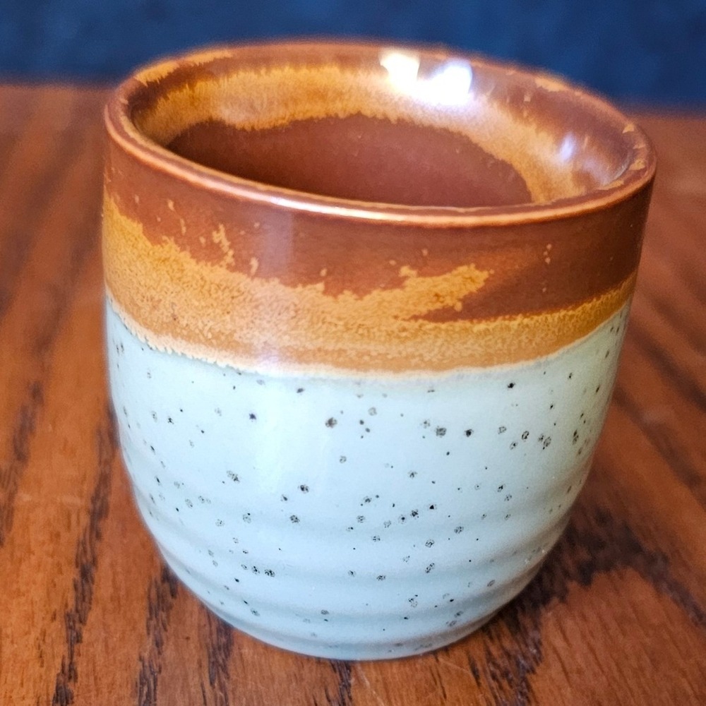 Vintage Two Tone Speckled Ceramic Sake Cup Brown Mint Green Stoneware 2 Inch